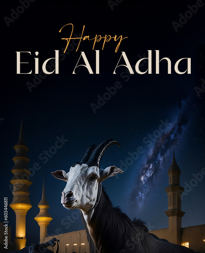 goat with mosque in the background eid ul adha poster or banner. copy space. eid ul adha. happy  eid al adha. Generative ai photo