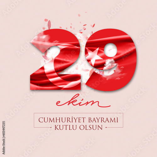 October 29 1923: Translation: 29 october Turkey Republic Day, happy holiday illustration (Turkish: 29 Ekim Cumhuriyet Bayrami Kutlu Olsun) photo