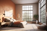 Modern Bedroom Interior with Orange Accent Wann and Round Mirror in Summer Made with Generative AI