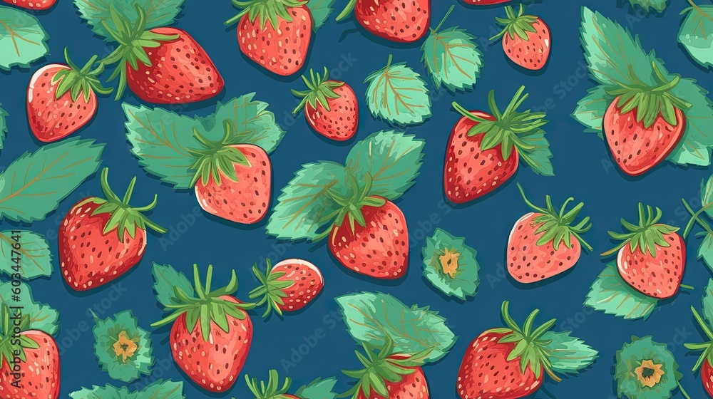 a pattern of strawberries and leaves on a dark blue background with green leaves and a red strawberry on the right side of the image. generative ai a pattern of strawberries and leaves on a dark blue background with green leaves and a red strawberry on the right side of the image. generative ai