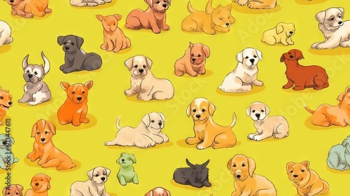  a group of puppies sitting next to each other on a yellow background with different colors of puppies on it's back legs.  generative ai
