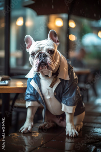 Generative AI illustration of Bulldog dog sitting at the table of a typical classic English bar drinking
