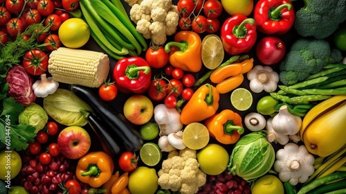  a large assortment of fruits and vegetables are arranged in a circle on a table top  including broccoli  cauliflower  peppers  cauliflower  corn  carrots  and more.  generative ai