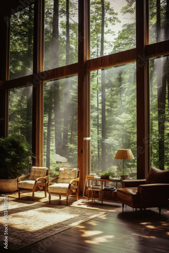 Generative AI illustration of a living-dining room with Nordic-style recycled wood furniture with glass walls overlooking the forest