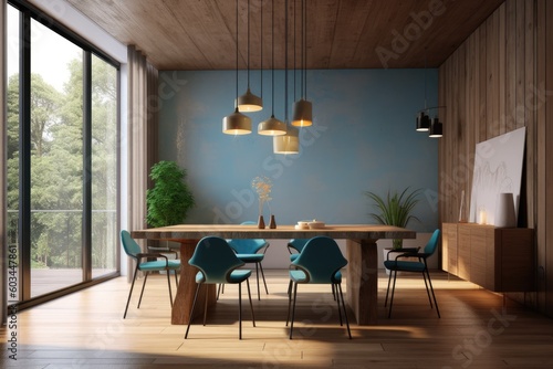 Natural Light in Summer Modern Dining Room Interior with Sustainable Wood Walls Made with Generative AI