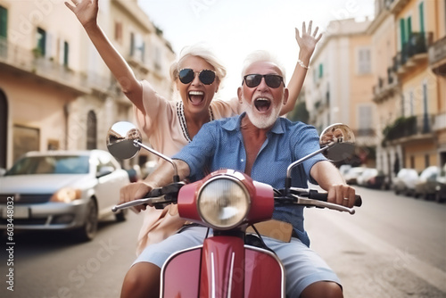 Fotografiet retired couple on scooter in Italy, Europe, happy seniors on holidays, created w