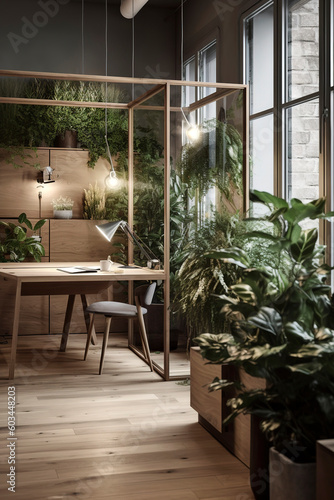 Generative AI illustration of Scandinavian office space with natural light with glass walls  wooden floor  and recycled wooden furniture