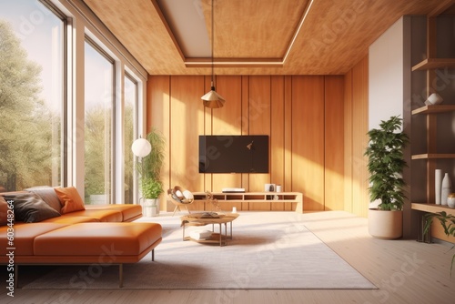 Sunny Spring Orange Living Room Interior with Minimal Furniture Made with Generative AI