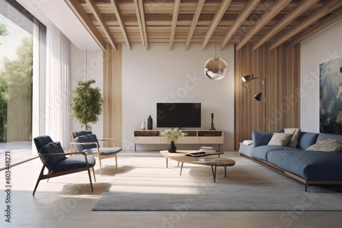 Clean and Calm Family Room Interior with Wood Ceiling and Blue Furniture Made with Generative AI