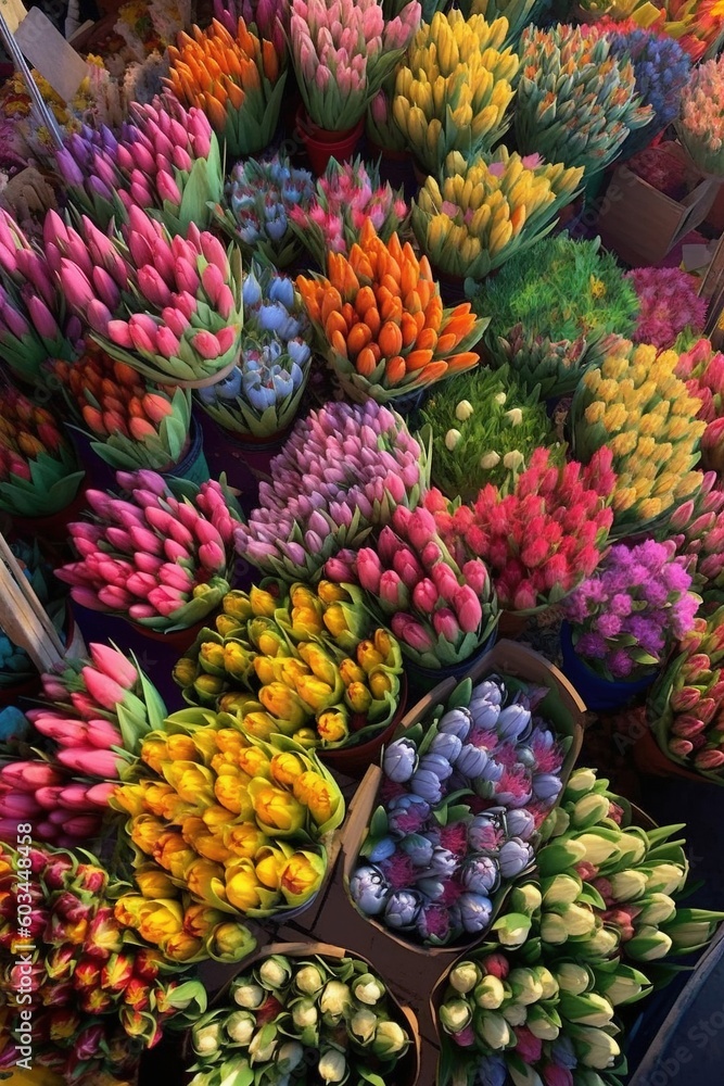 The colors of local street markets. Flowers, tulip, full color. Grocery store, generative ai, fruit, vegetable, greens, street market, fish. 