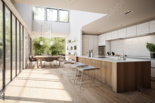 Natural Sustainable Wood Kitchen with White Cabinets and Modern Interior Made with Generative AI