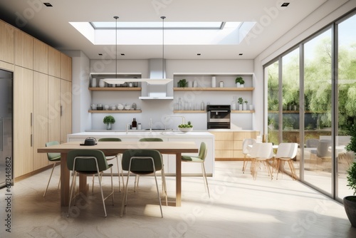 Clean Staged Modern Kitchen Interior with Dining Area and Skylight Made with Generative AI