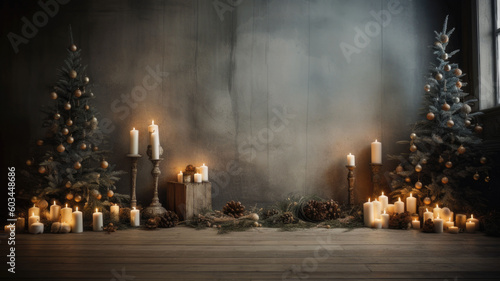 Christmas background. Christmas composition on a wooden background. Christmas house with tree and wooden surface with bokeh lights. Free space for text, Copyspace. Generative AI © OLGA