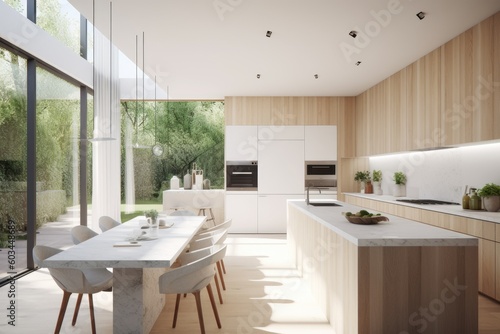 Beautiful Sunny Modern Kitchen Interior with Spring Nature Views Made with Generative AI