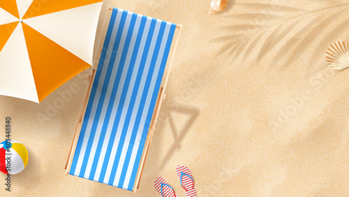 Vector illustration of summer beach. Banner with beach chair on sand with seashells, flip flops, beach umbrella and ball. Vector 3d ad illustration for promotion of summer goods.
