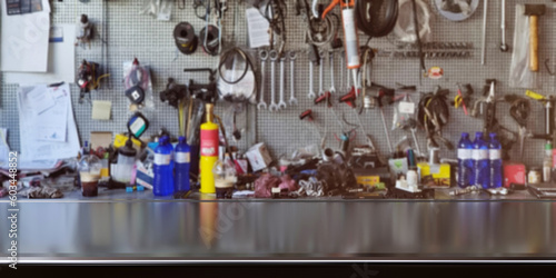 Photography Empty wooden table, blur workshop and garage tools background