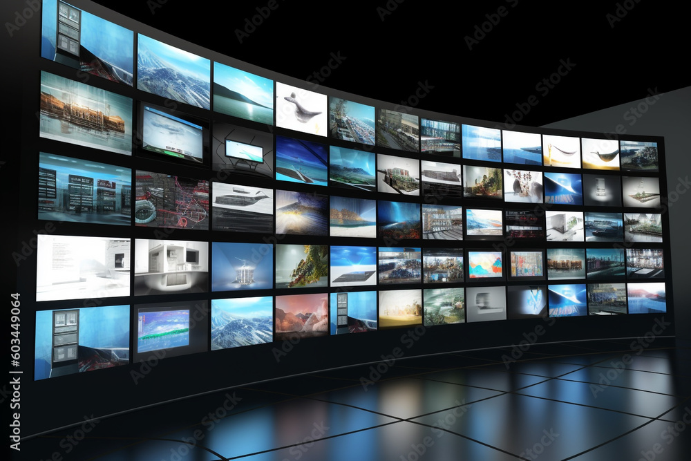 Smart TV and digital media wall of screens background with copy space. Generative AI Smart TV and digital media wall of screens background with copy space. Generative AI
