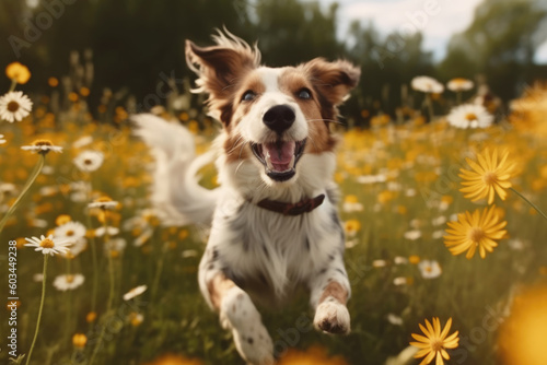 Playful and happy dog runs through a flower field