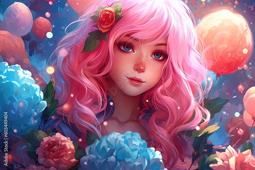 Capturing the Charm of Colorful Anime A Portrait Painting of a Girl with Pink Hair Generative AI © Hisham