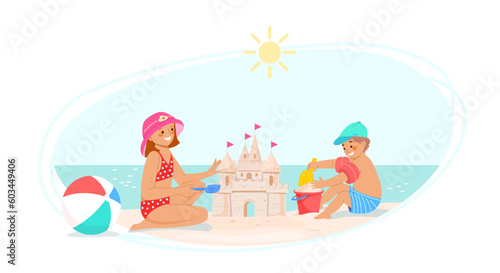 Little girl and boy play on the beach on sunny day. Children in panama and cap build sand castle with  scoop and bucket. Vector illustration of family holiday at the sea. 