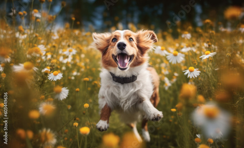 Playful and happy dog runs through a flower field