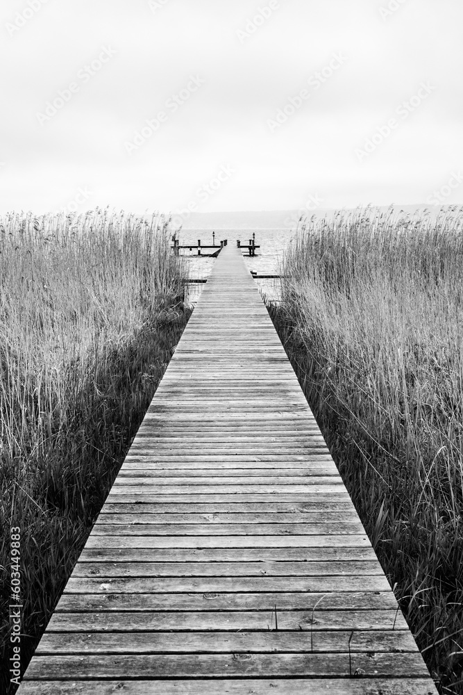 Fototapeta premium Serene wooden landing stage on a cloudy day at the Ammersee Lake in Bavaria, southern Germany