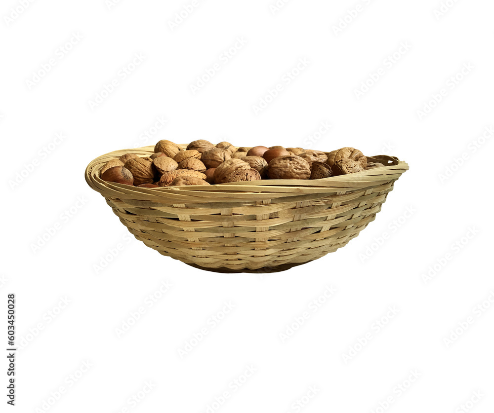 Dried nuts in wicker bowl isolated object top view, soft focus clipping path, pistachio, hazelnuts, walnuts, healthy raw food organic diet concept Dried nuts in wicker bowl isolated object top view, soft focus clipping path, pistachio, hazelnuts, walnuts, healthy raw food organic diet concept