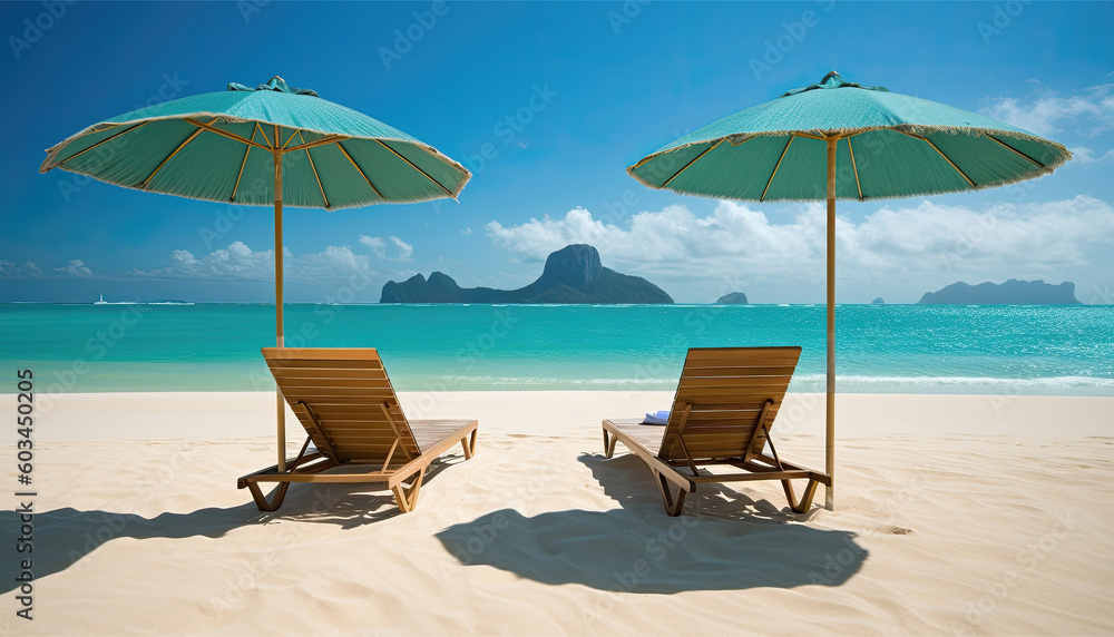 Summer landscape of a parasol and sunbed in an amazing ocean beach resort. Summer landscape of a parasol and sunbed in an amazing ocean beach resort.