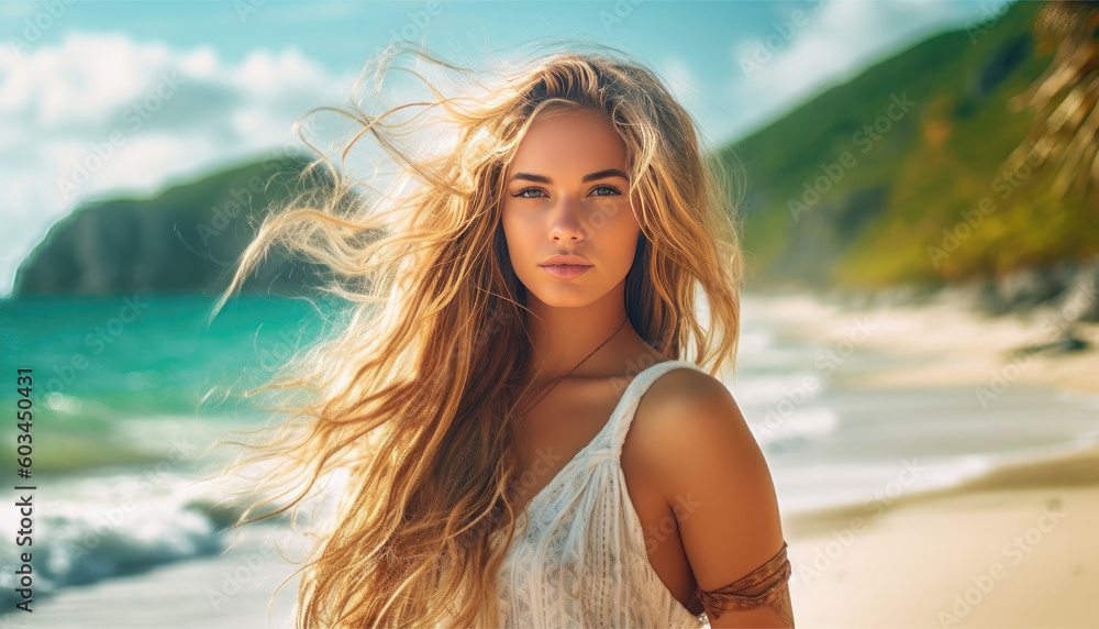 Amazing beautiful young blond woman posing on a hot summer day while the wind ruffles her hair Amazing beautiful young blond woman posing on a hot summer day while the wind ruffles her hair