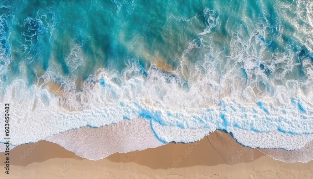 Obraz premium Background drone view of ocean waves on the tropical beach. Seashore waves of a hot summer day in the nature