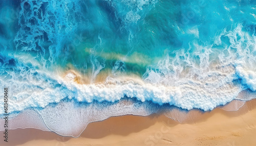 Background drone view of ocean waves on the tropical beach. Seashore waves of a hot summer day in the nature © Daniel