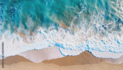 Background drone view of ocean waves on the tropical beach. Seashore waves of a hot summer day in the nature