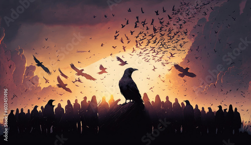 The King of royal black crow standing out between other crows, black birds, nature animals wildlife background, with Generative AI.