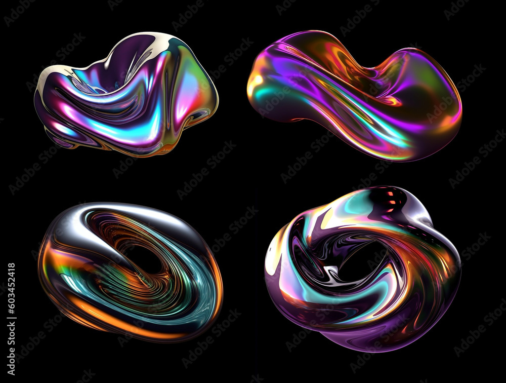 Bold holographic liquid metal shapes set isolated. Iridescent wavy ...