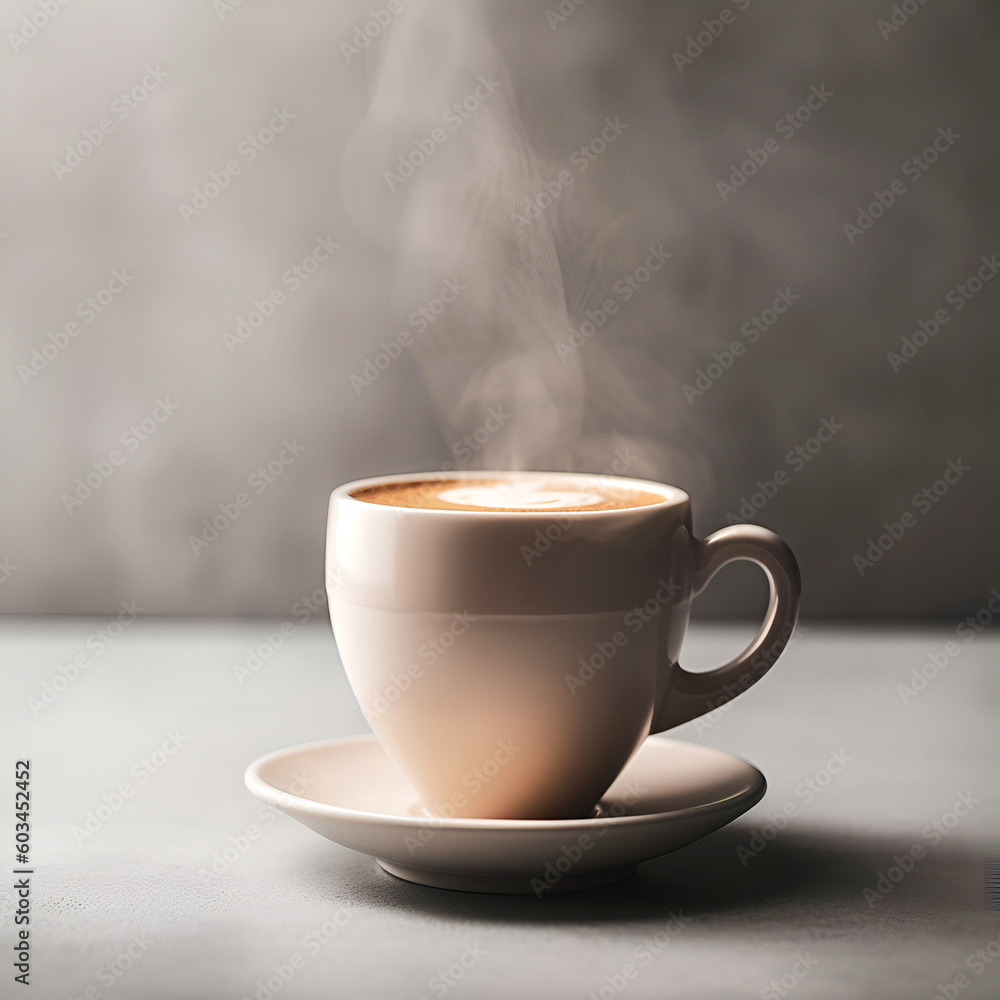 Cup of coffee on gray background with copy space. Generative AI content Cup of coffee on gray background with copy space. Generative AI content