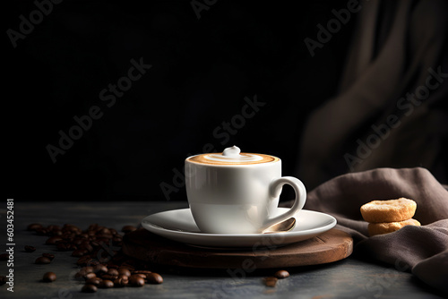 Cup of coffee and coffee beans on dark background with copy space. AI generated