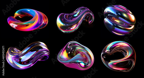 Bold holographic liquid metal shapes set isolated. Iridescent wavy melted substance. Ai generated