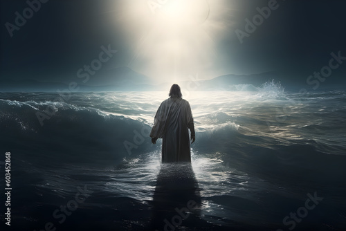 Jesus with walking over water receiving blessings from god