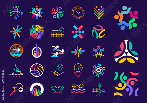 Unique sport shape logo set. Unique color transitions. Rotate geometric sport logo template. vector