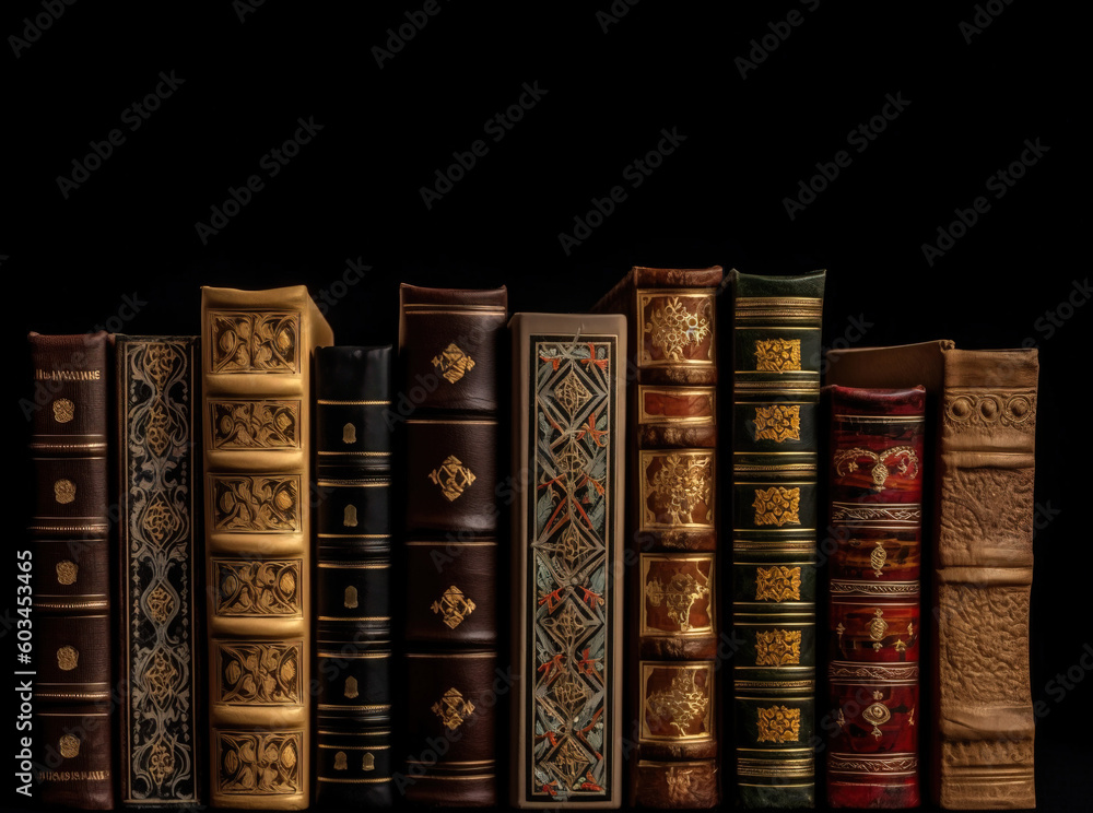 Naklejka premium Number of old ancient books, library of knowledge textbooks. Black background isolate. AI generated.