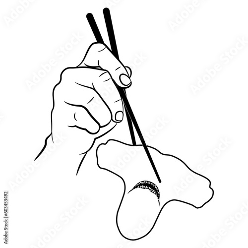 Human hand holding a head of hammerhead shark with chopsticks. Creative seafood design. Black and white linear silhouette.