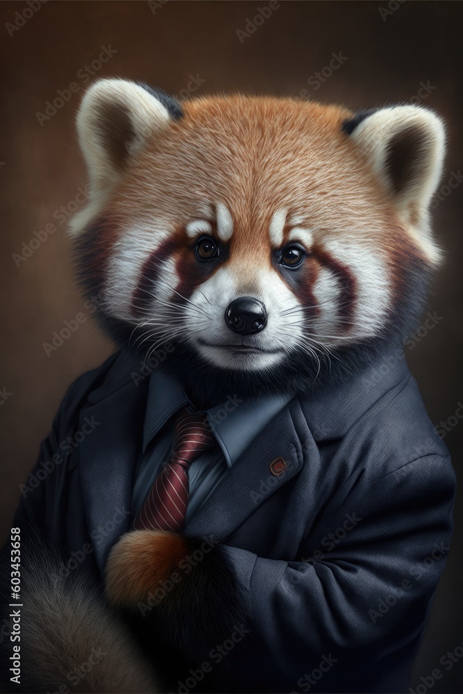 Portrait of baby red panda in a business suit. Generative AI Portrait of baby red panda in a business suit. Generative AI