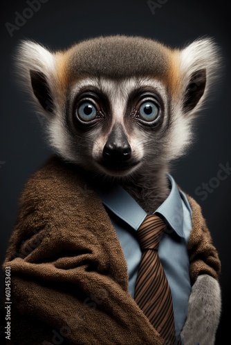 Portrait of baby lemur in a business suit. Generative AI