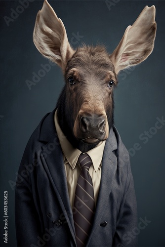 Portrait of baby moose in a business suit. Generative AI