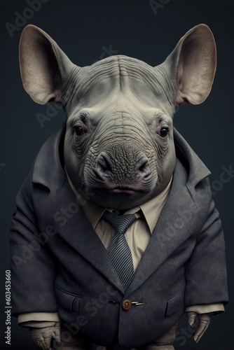 Portrait of baby rhinoceros in a business suit. Generative AI © Razvan