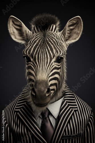 Portrait of baby zebra in a business suit. Generative AI