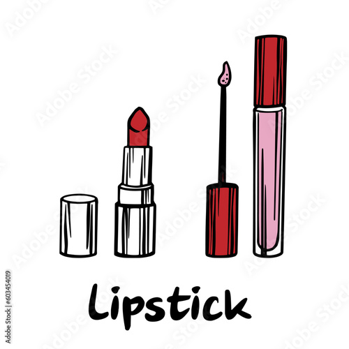 Lipstick. Cosmetic makeup collection. Vector scetch doodle illustration isolated on white background.