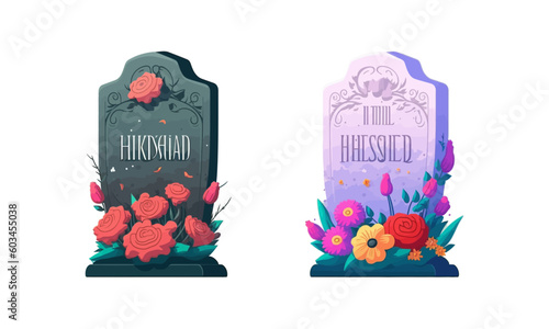 Grave vector illustration. Cemetery graveyard stones decorated with flowers flat set.