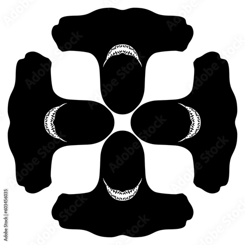 Rectangular cross shape animal design with four heads of hammerhead shark fish. Black and white silhouette.
