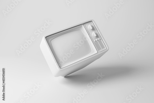 White retro style TV on white background creating monochrome. Illustration of the concept of old-fashioned items and TV broadcasting